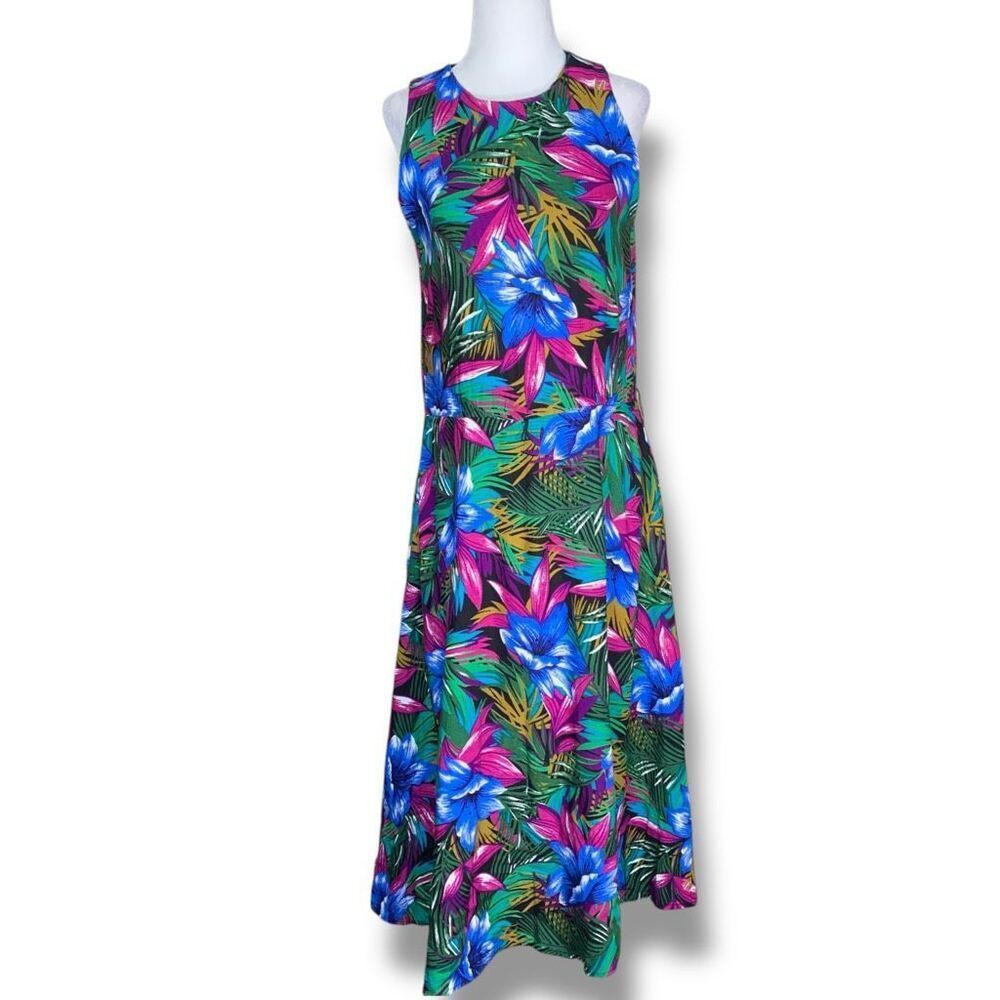Vintage 90s Maxi Dress Tropical Black Magenta Blue Dark Floral Sleeveless Vacay